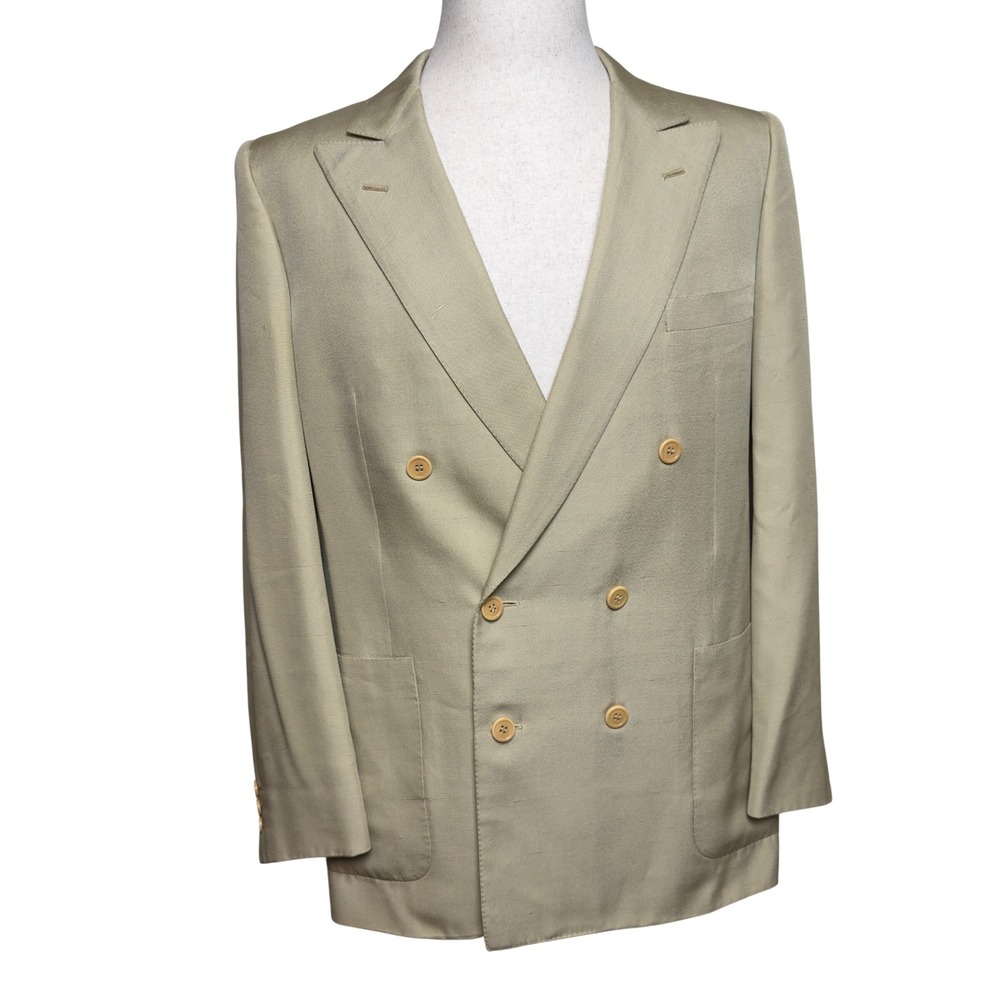 Vintage Gucci Mens Pure Silk Double Breasted Blazer Tan Beige‎ 52R Made in Italy